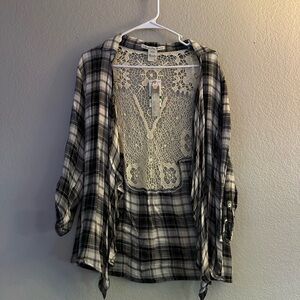 American Rag Black and White Plaid Cardigan with Lace Detail
